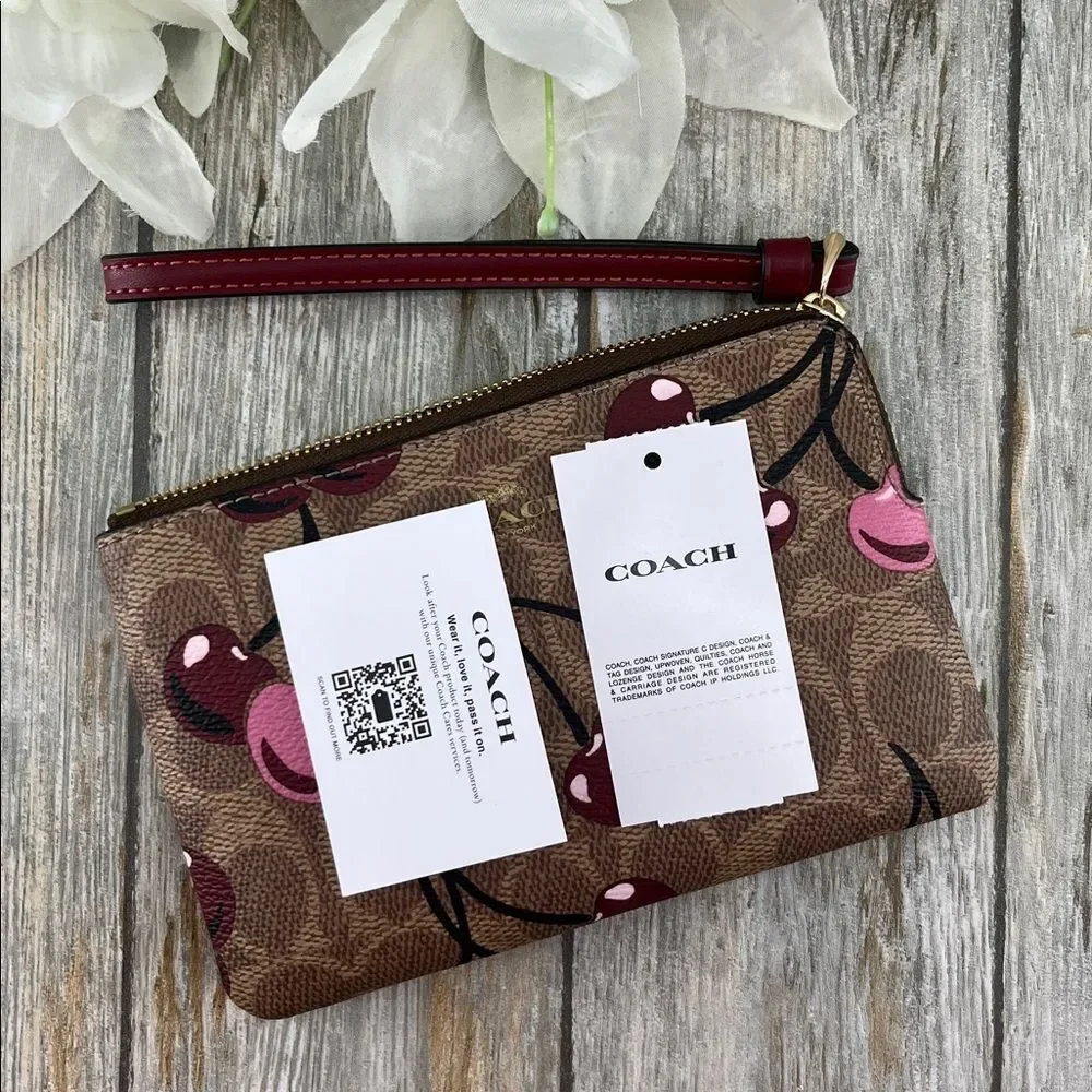 Coach Corner Zip Wristlet In Signature Canvas Cherry Print Wallet Bag Purse